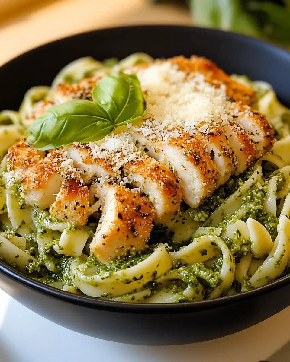 Pasta mit knusprigem Parmesan-Hühnchen und Pesto genießen!