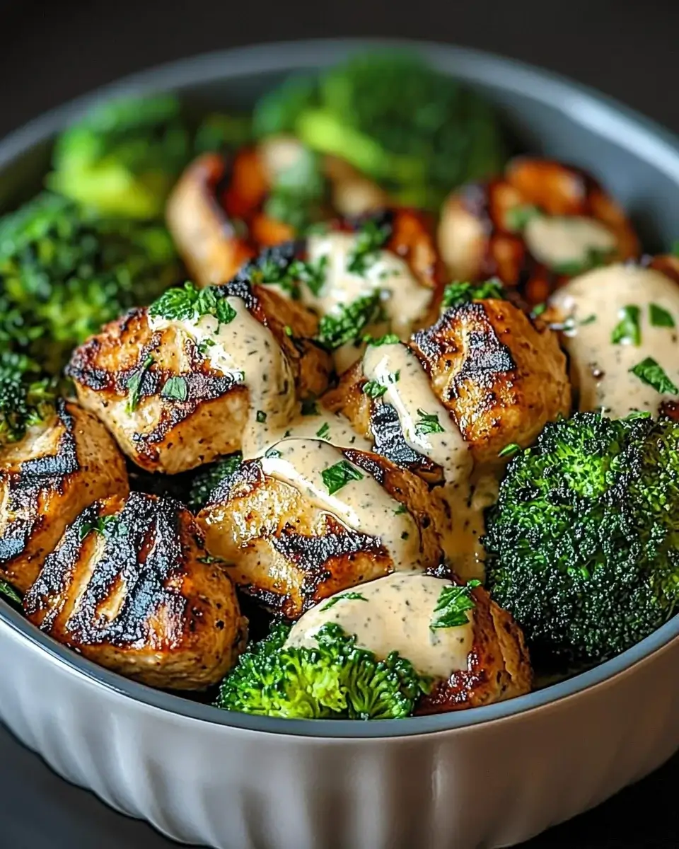Gegrillte Hähnchen-Brokkoli-Schalen mit cremiger Knoblauchsoße leicht zubereitet!