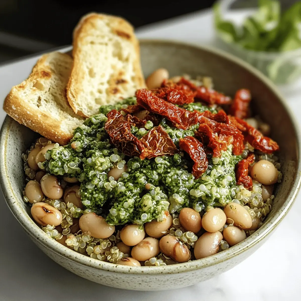 Spinat-Pesto Quinoa Bowl mit Bohnen und Linsen
