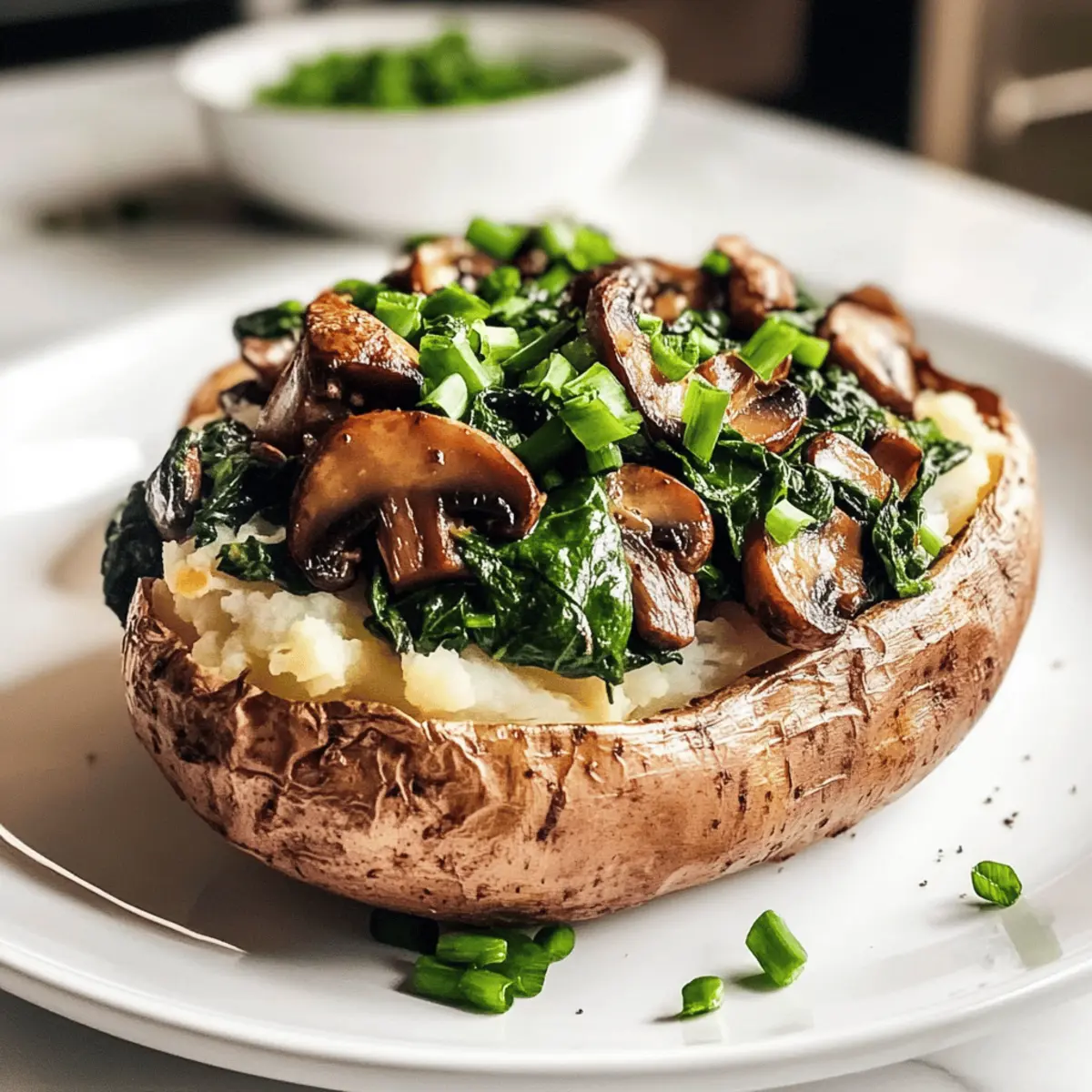 Vegane gefüllte Ofenkartoffel mit Spinat und Pilzen