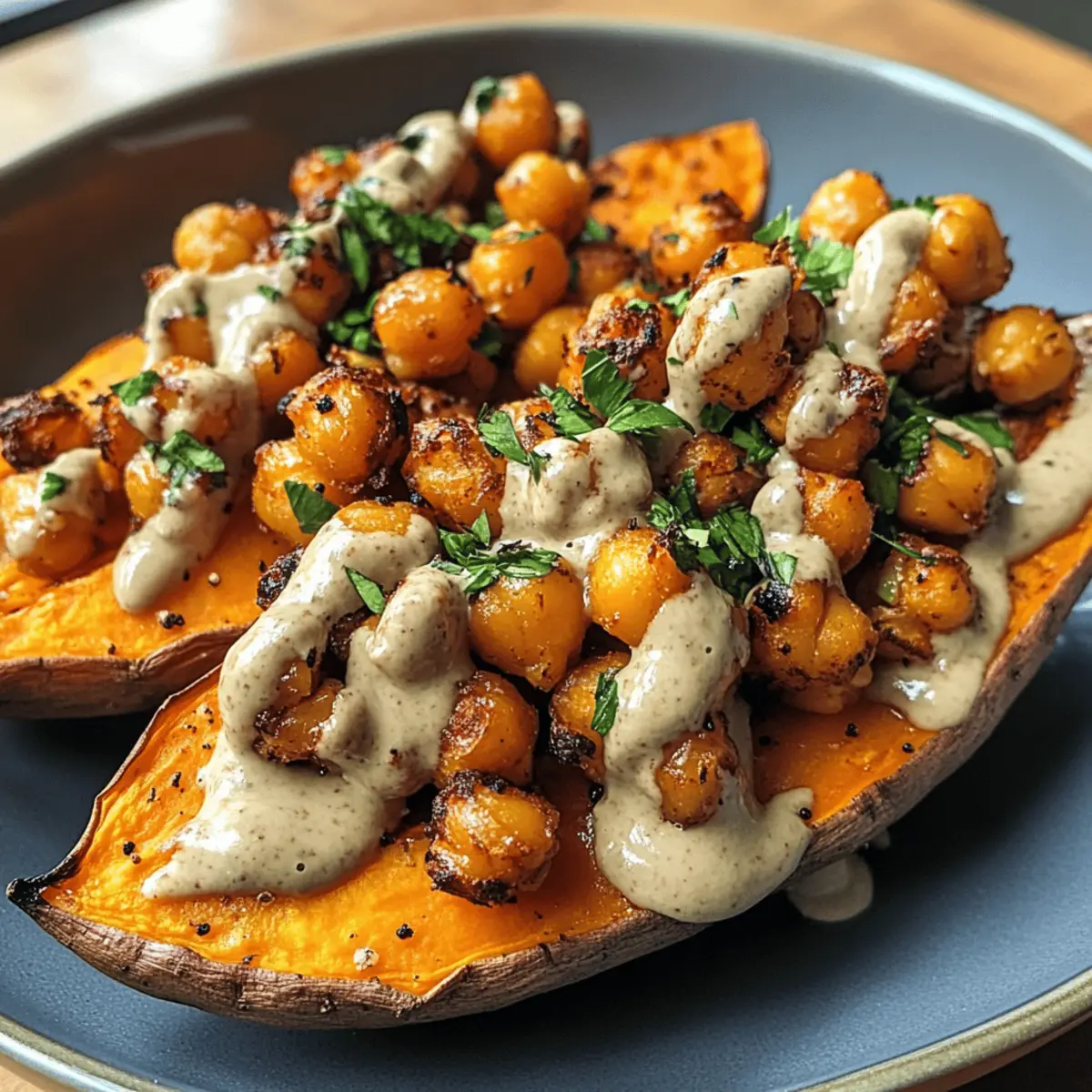 Süßkartoffeln mit Tahini und Kichererbsen