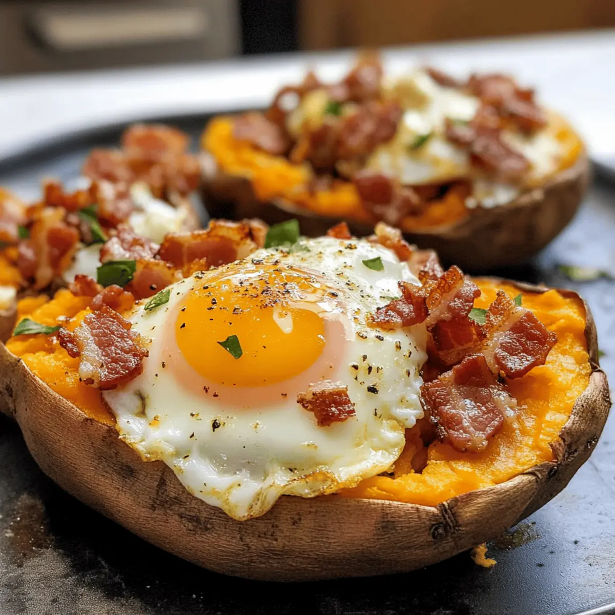 Frühstück Süßkartoffeln gefüllt mit Bacon und Ei