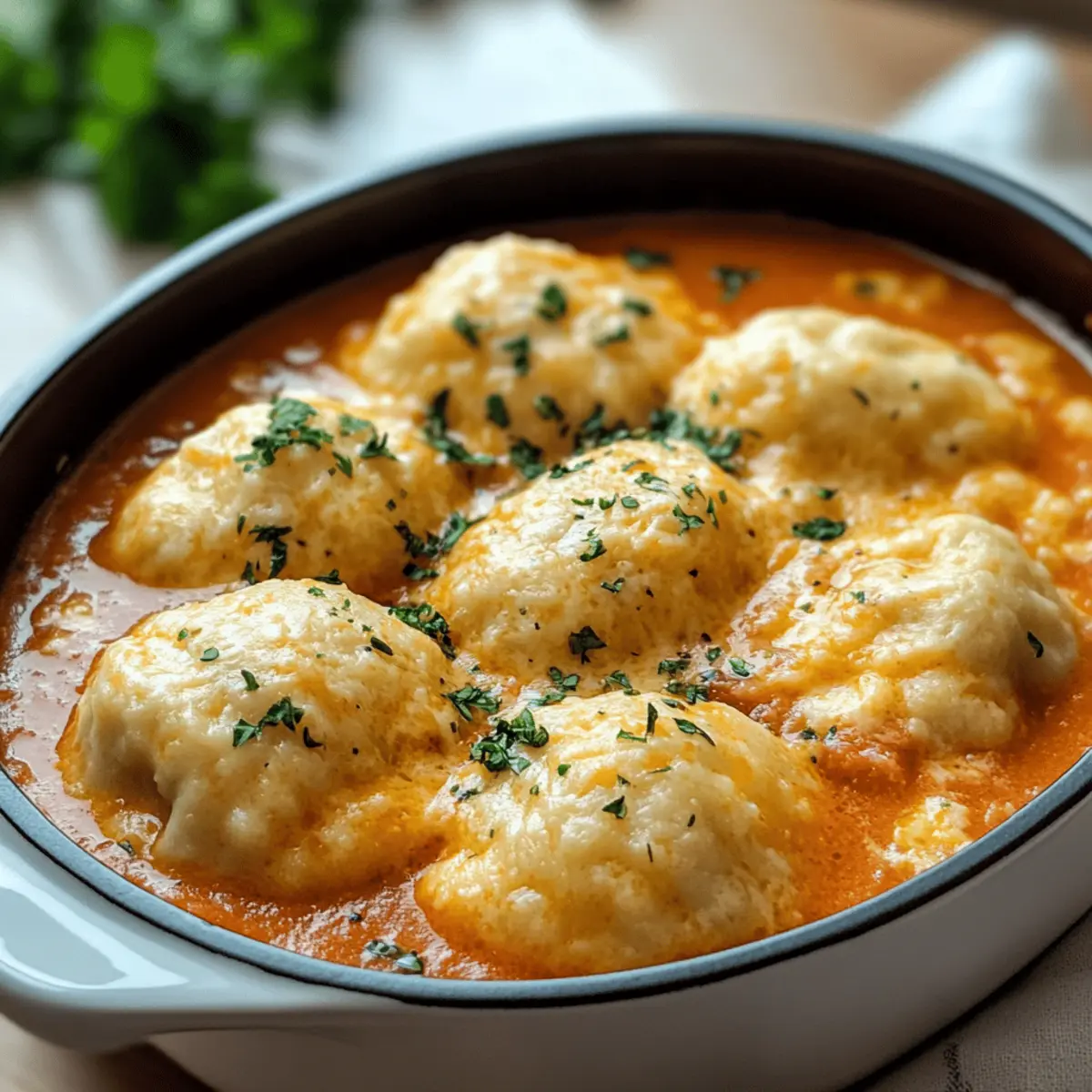 Cheesy Tomato Soup mit Cheddar Bay Dumplings