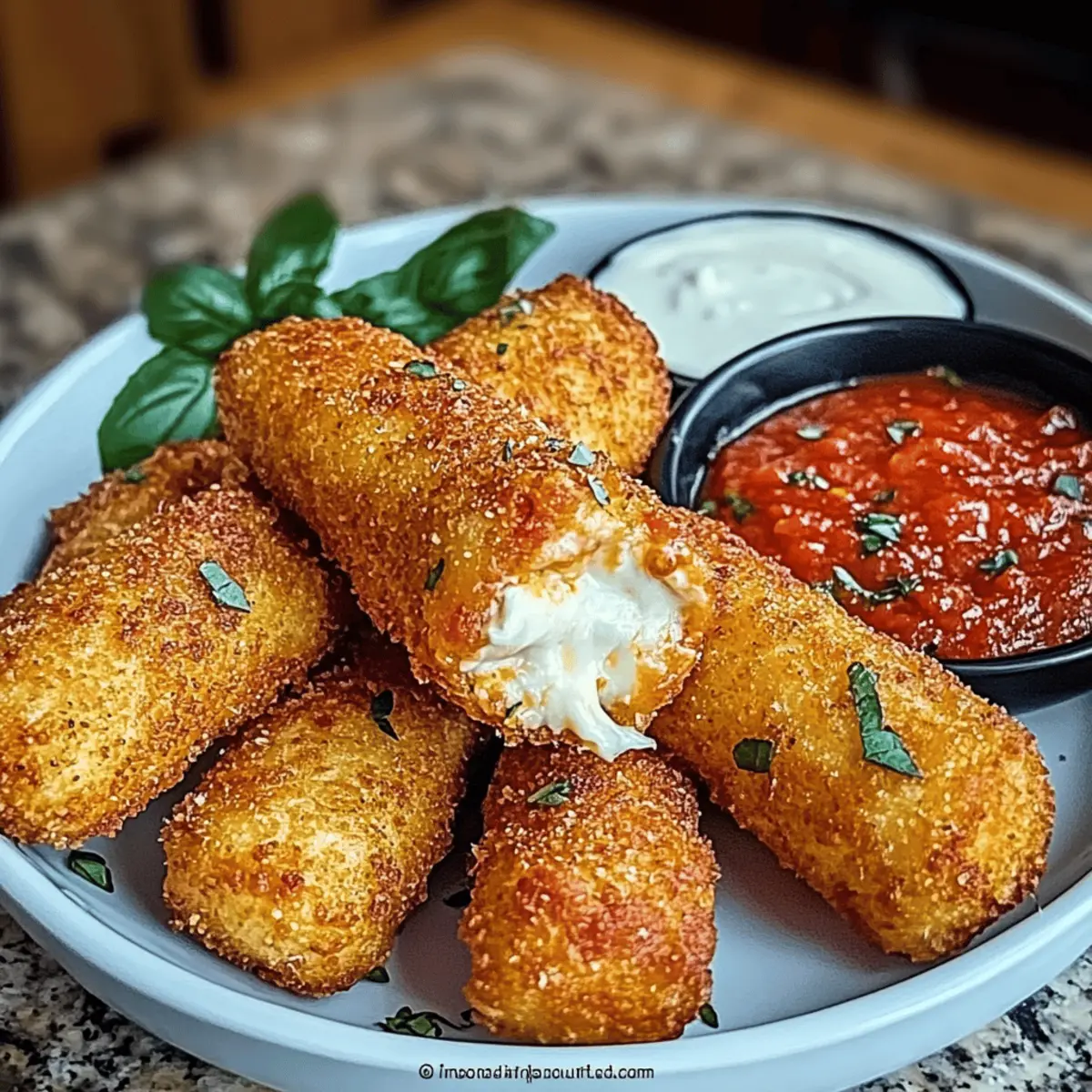 Krosse Mozzarella-Sticks mit Dip für zuhause