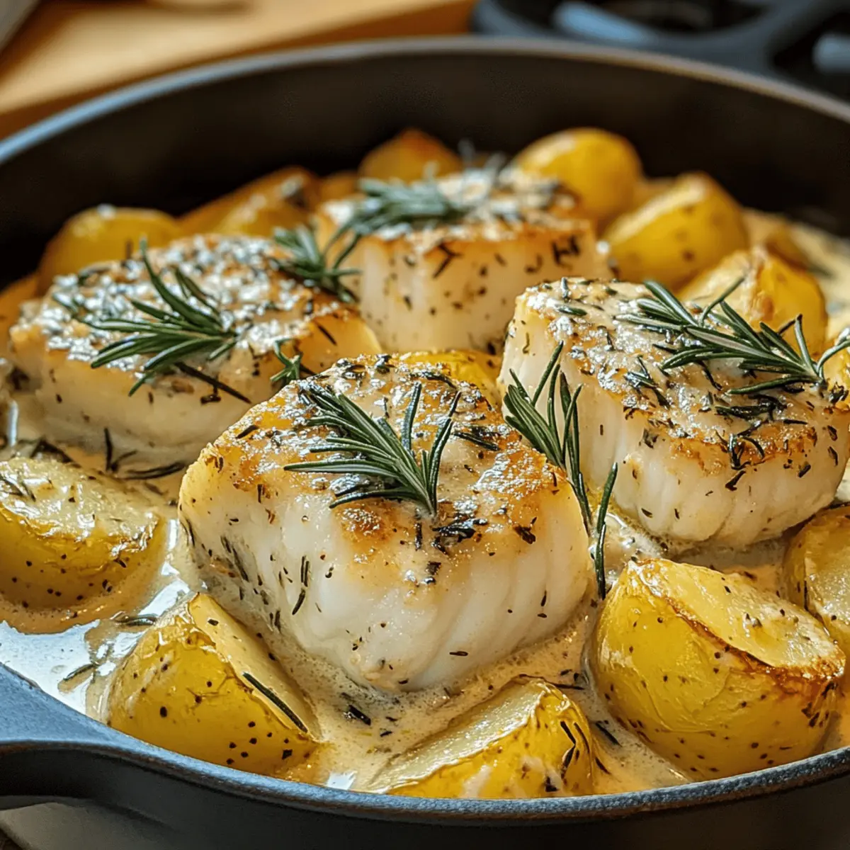 Kabeljau mit Kartoffeln in Rosmarin-Cremesauce