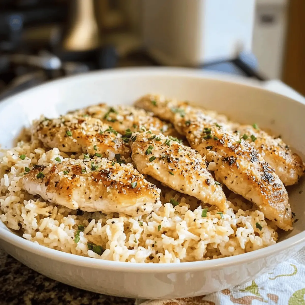 Knusprige Knoblauch-Parmesan-Hühnchen-Streifen mit Pilaf