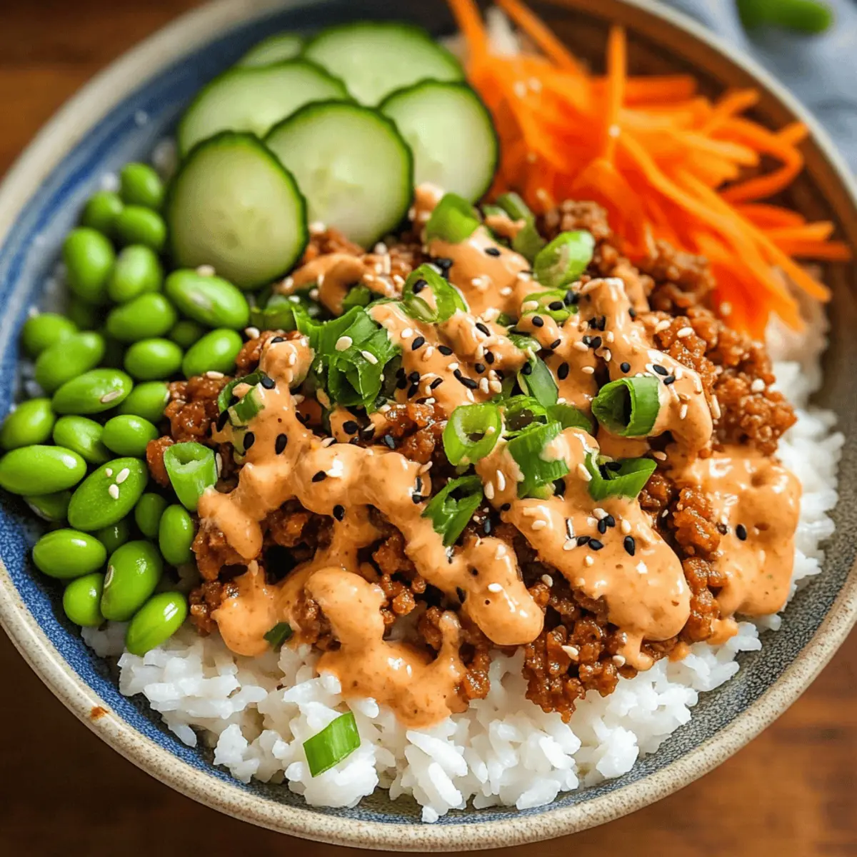 Schnelle Reis-Schalen mit Putenhackfleisch und Bang Bang Sauce