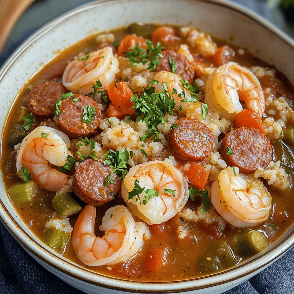 Authentische Louisiana Gumbo mit Wurst und Garnelen