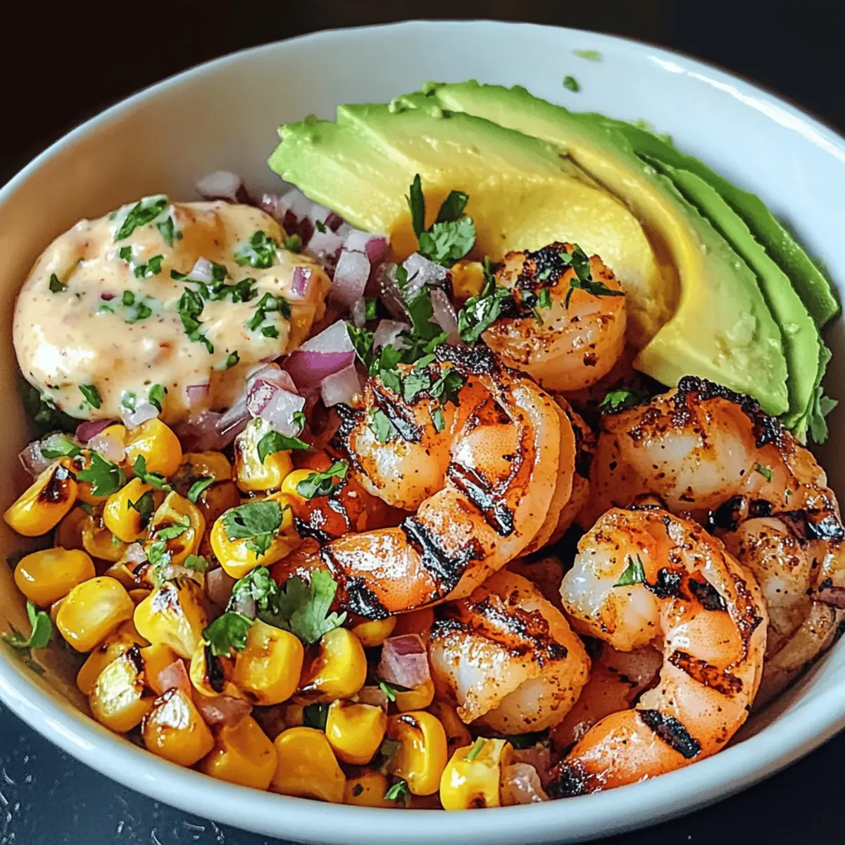 Grillierte Garnelen-Schüssel mit Avocado und Salsa