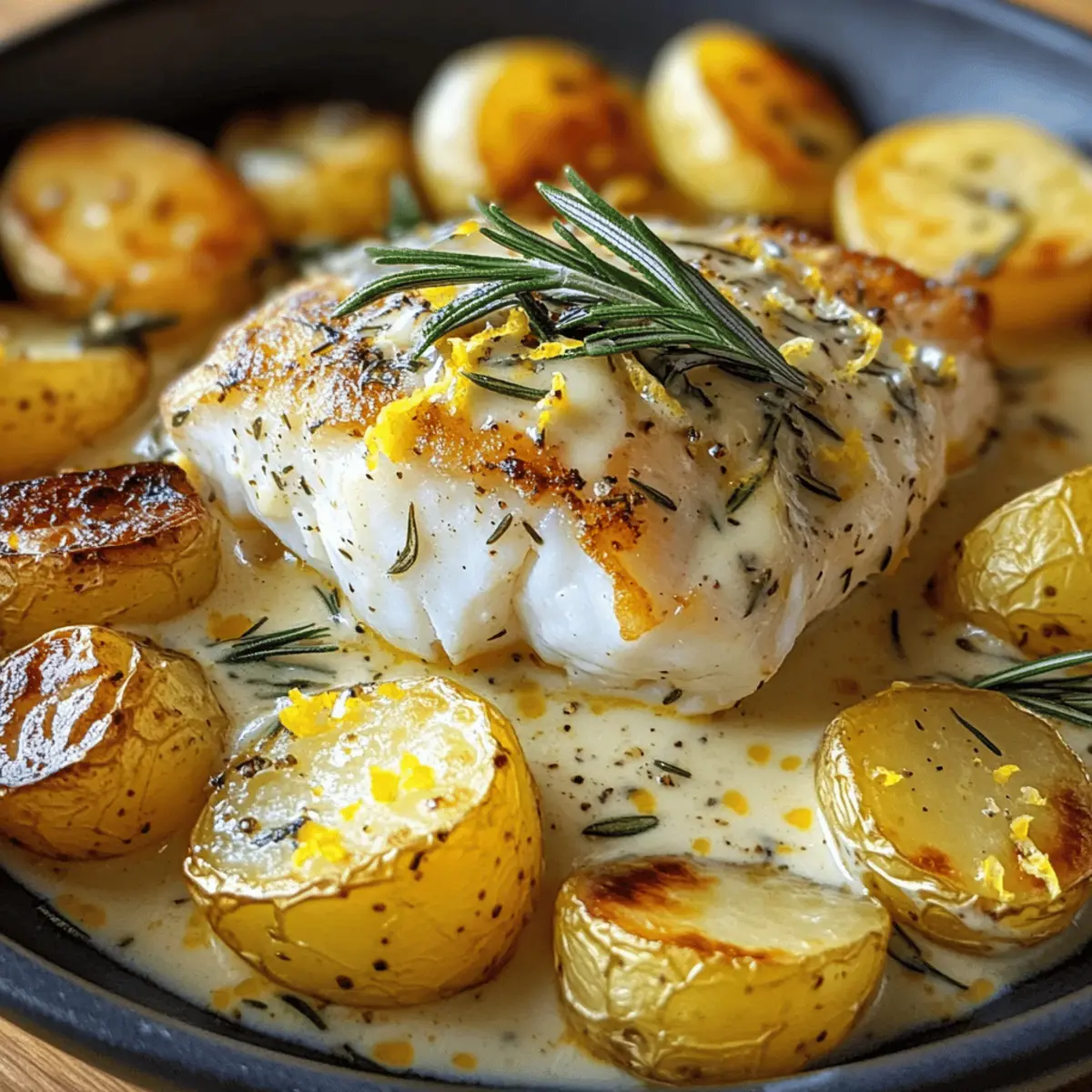 Rosmarin-Cremesauce mit Kabeljau und Kartoffeln