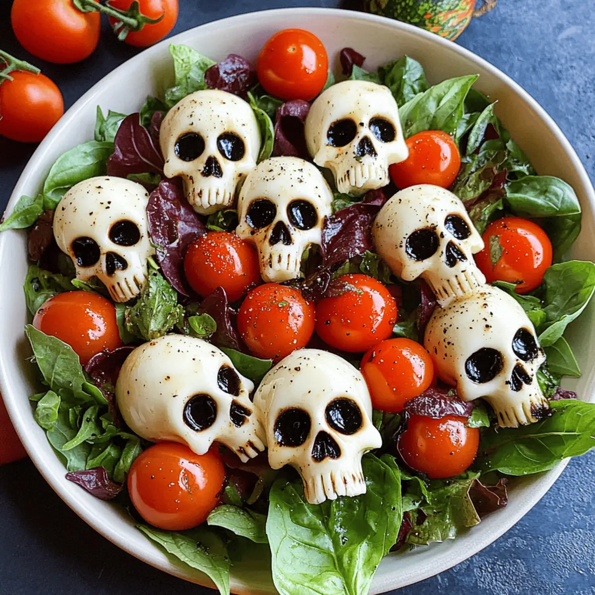 Halloween-Salat mit Mozzarella-Schädeln