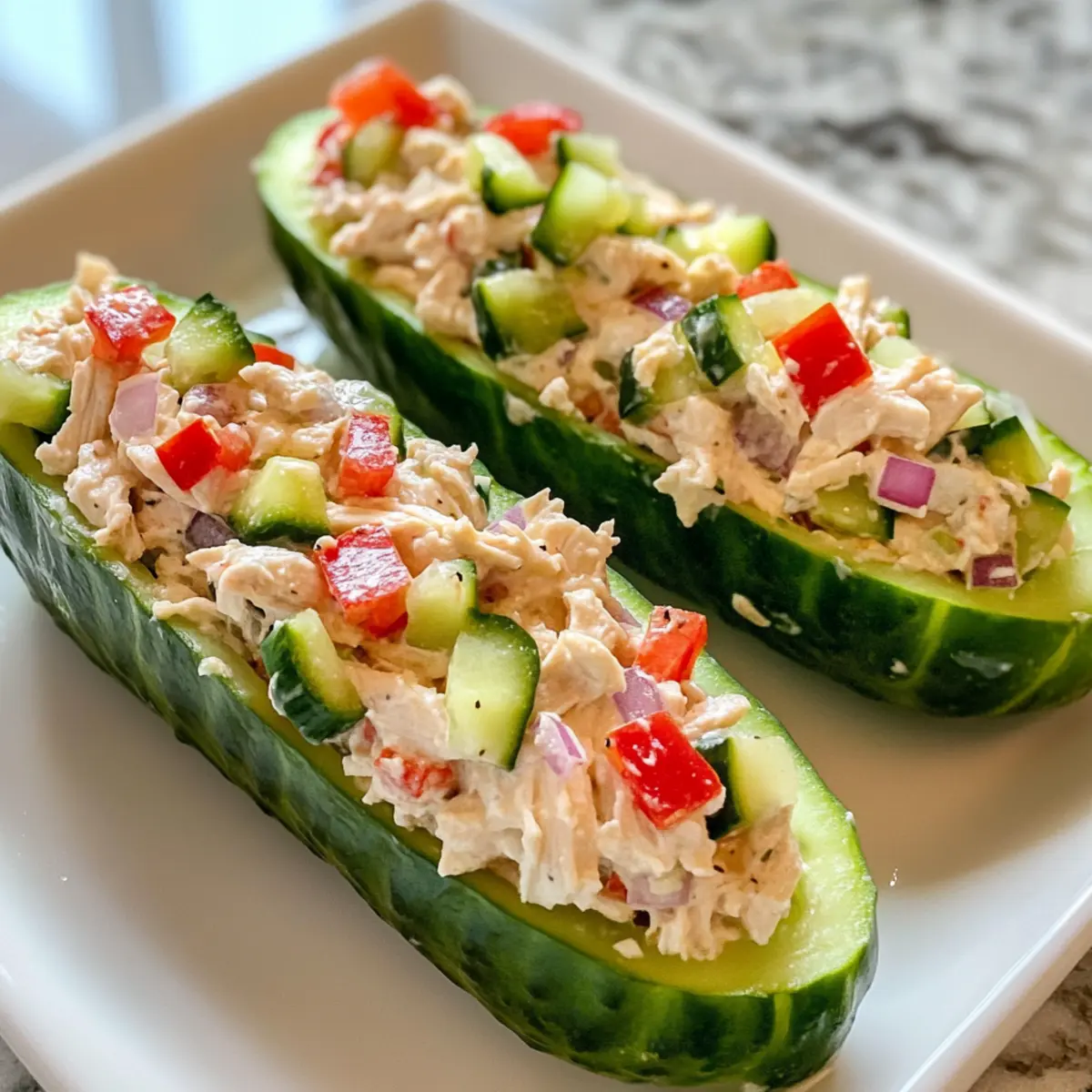 Erfrischende Cucumber Boats mit Hühnchen-Salat
