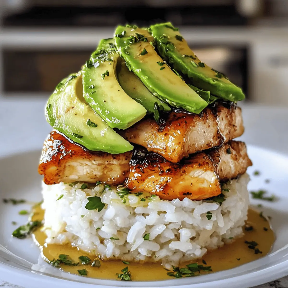 Honig-Limonen-Hühnchen mit Avocado-Reis-Stack