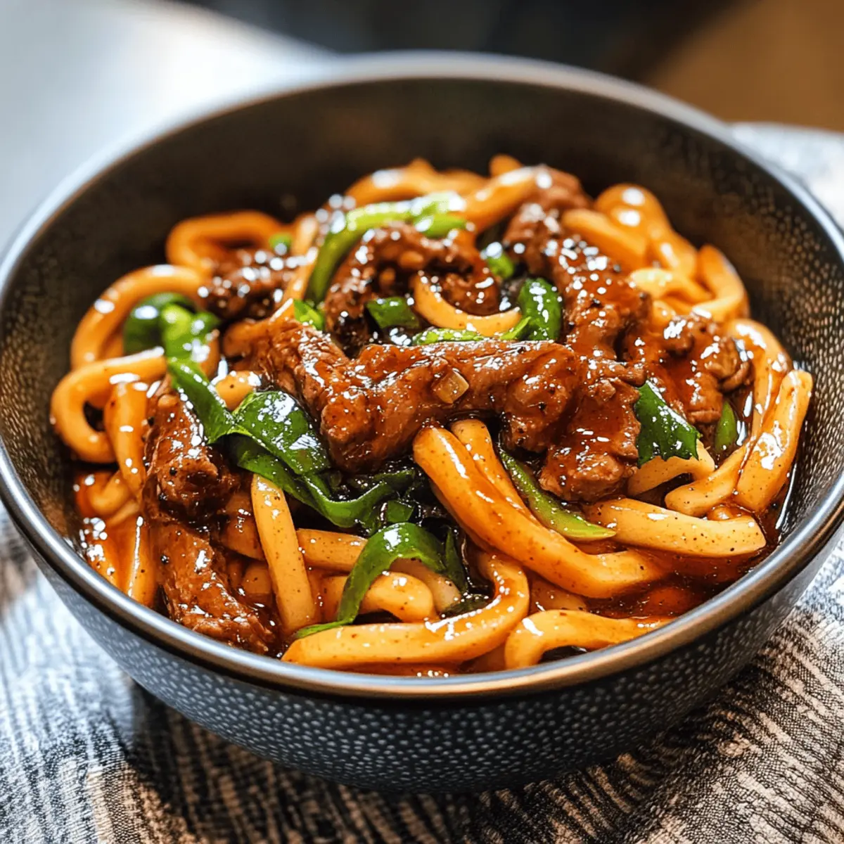 Schnelle Udon-Nudeln mit Rindfleisch und Pfeffer