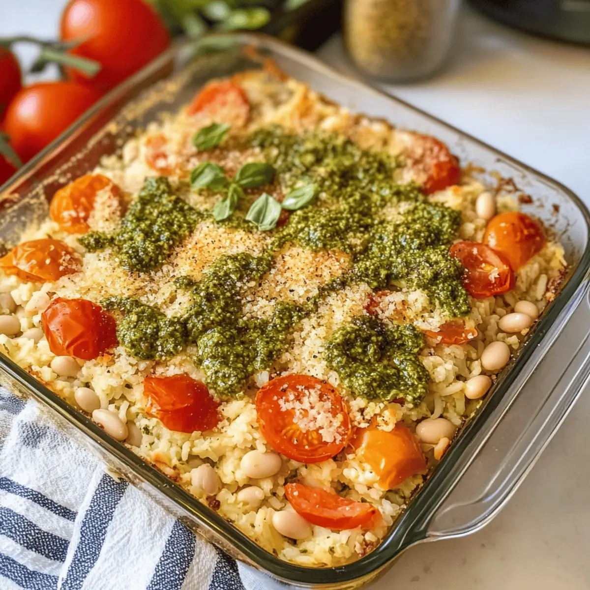 Schnelle vegetarische weiße Bohnen und Pesto Auflauf
