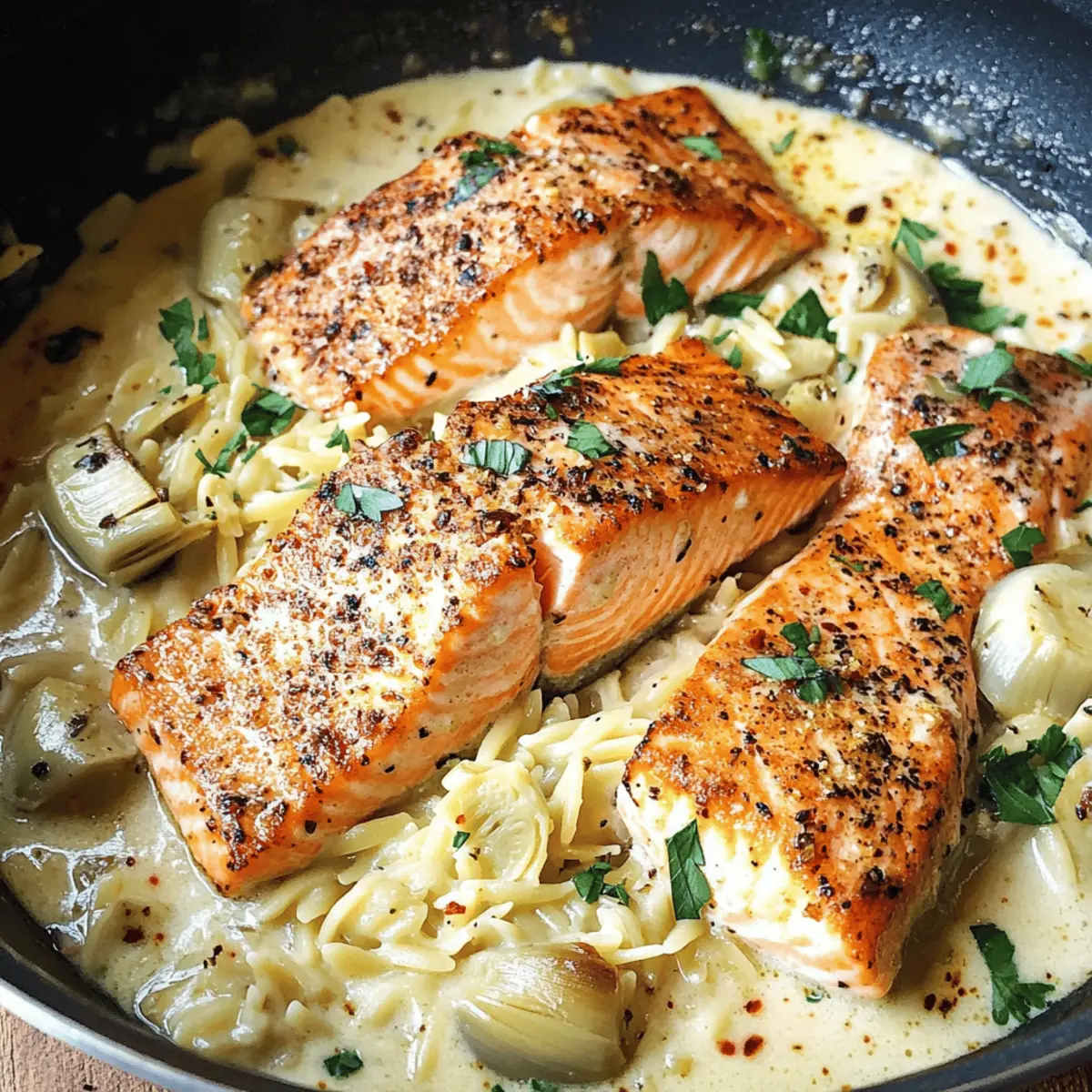 Cremiger Lachs mit Artischocken-Orzo in 25 Minuten