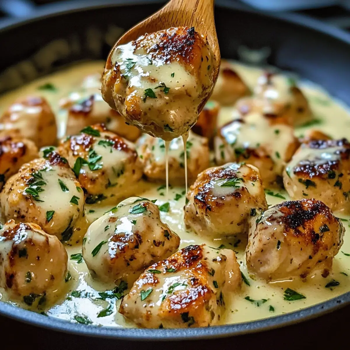 Cremige Knoblauchsoße mit gegrillten Hähnchenstücken