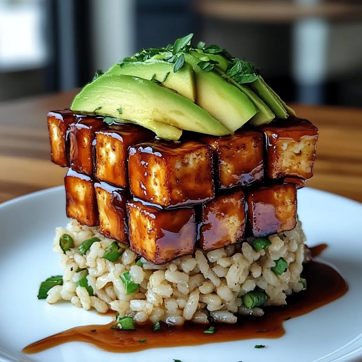 Knuspriger Teriyaki-Tofu und Avocado-Reis-Stapel