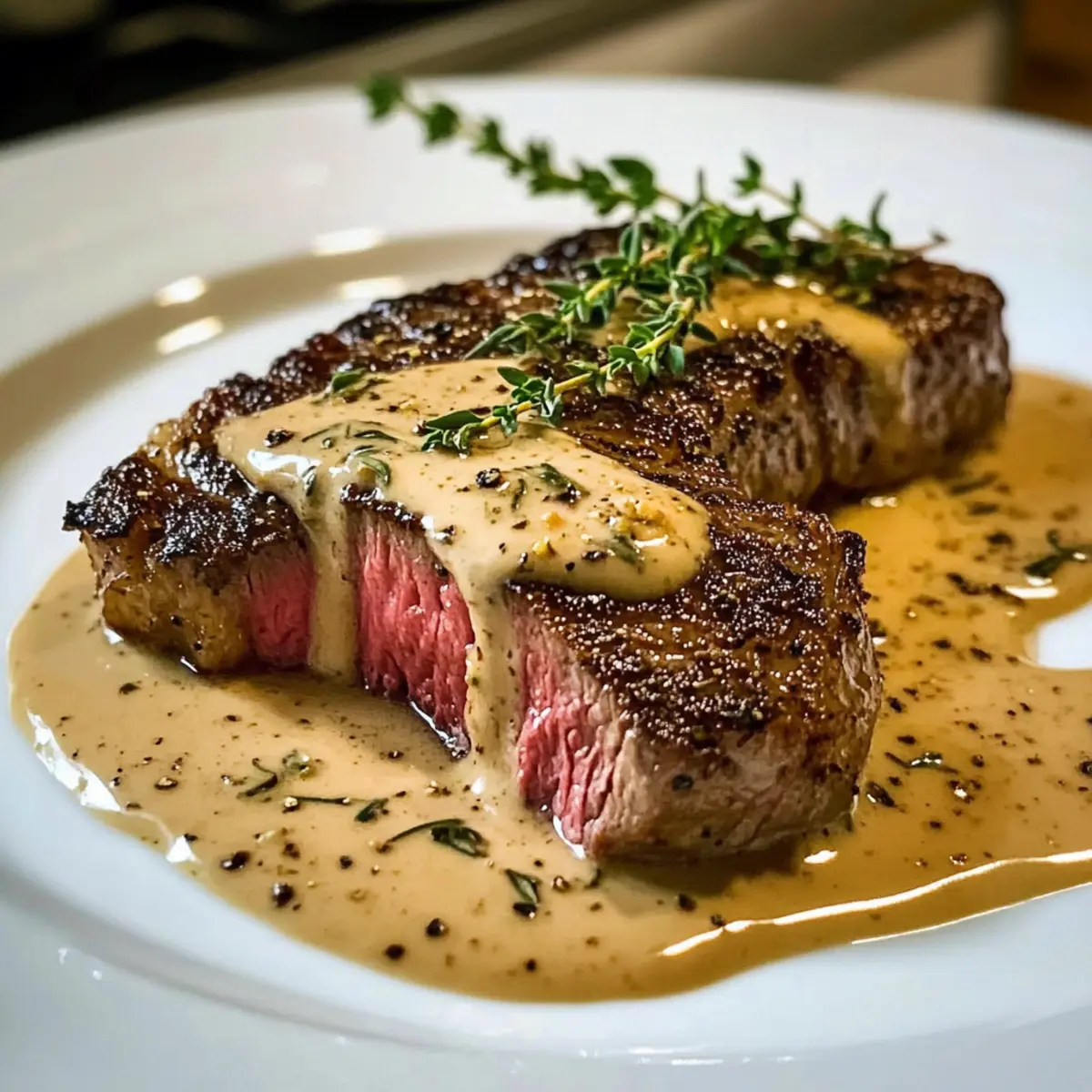 Scharf gebratenes Steak mit Cognac-Sahnesauce