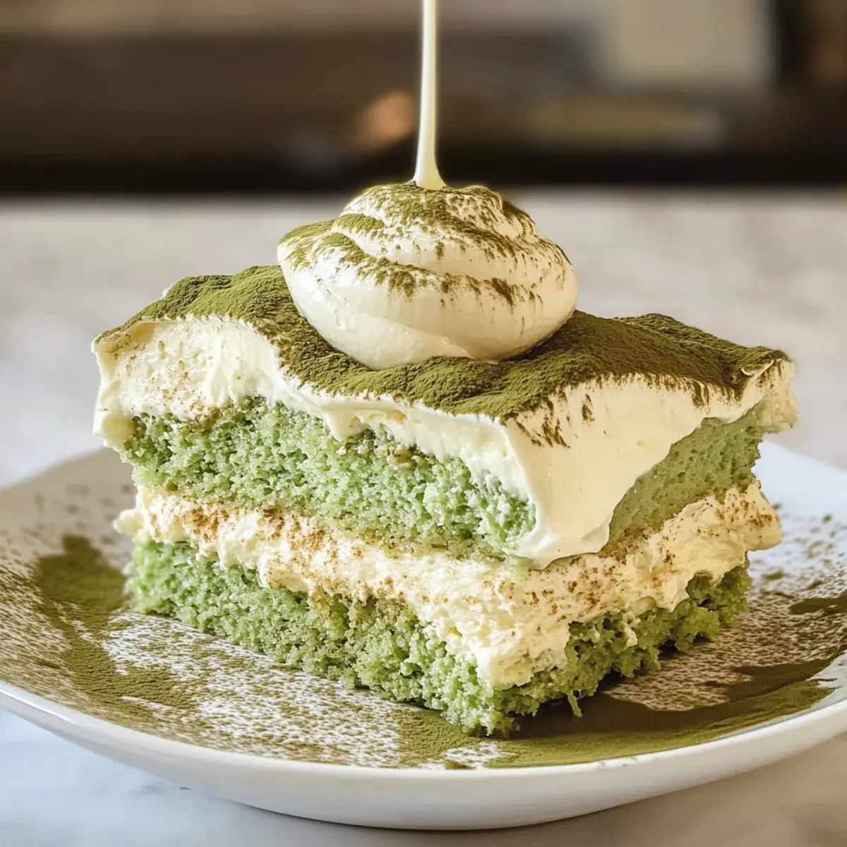Gegossenes Matcha-Tiramisu: Ein Eierfreier Genuss