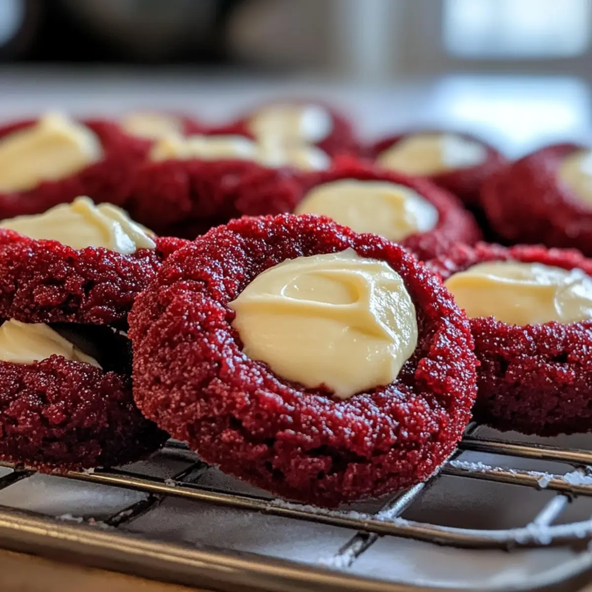 Rote Samt Daumenabdruck Kekse mit Frischkäsefüllung