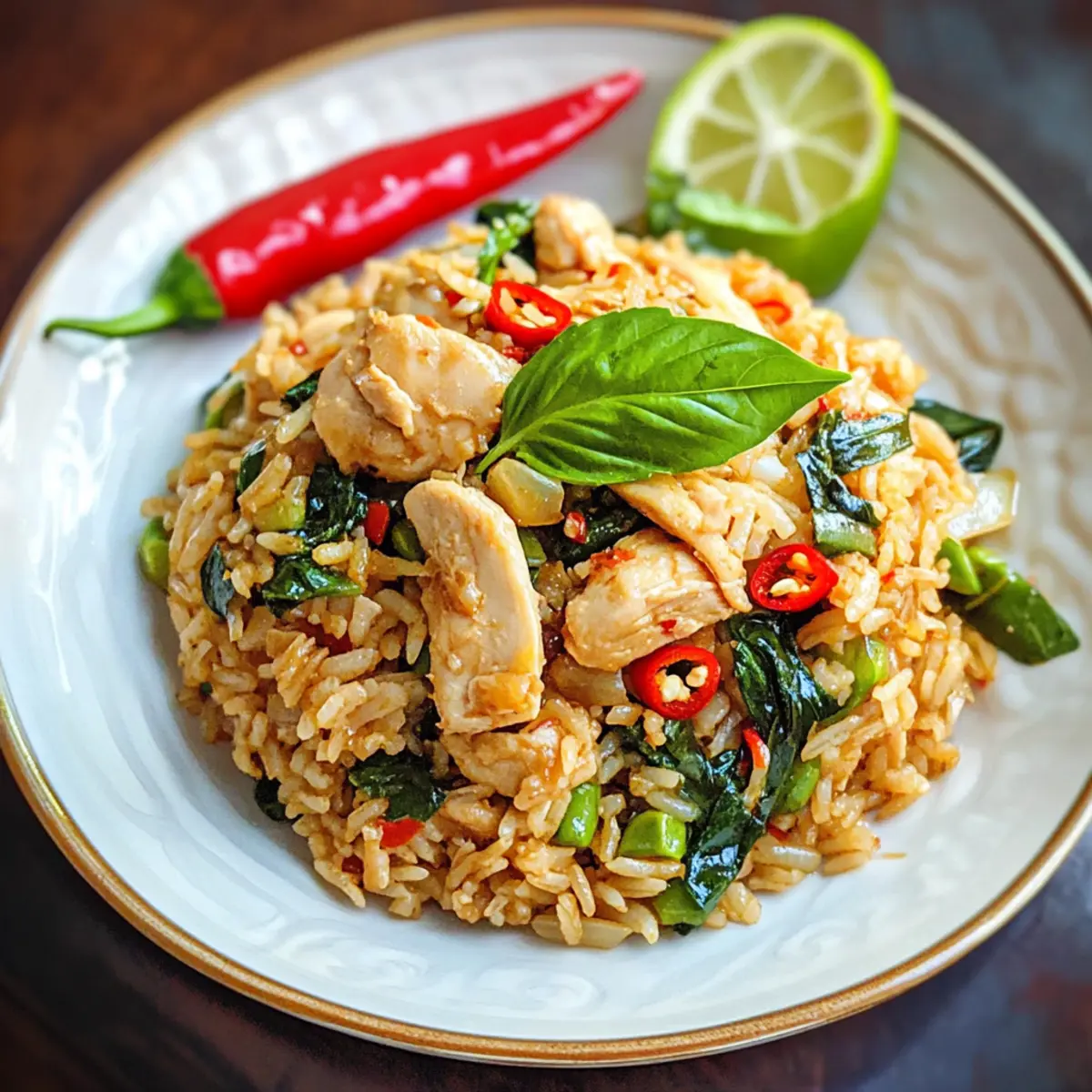 Scharfer Thai-Basilikum-Hühnchen gebratener Reis für Eilige