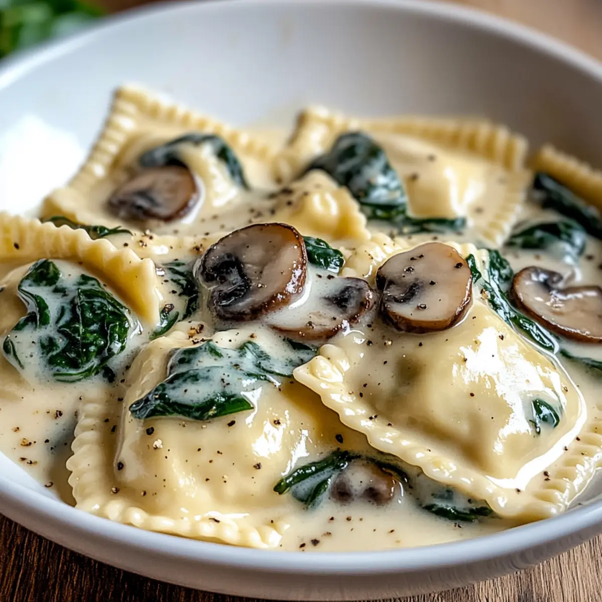 Spinat und Champignon Alfredo Ravioli selbst gemacht