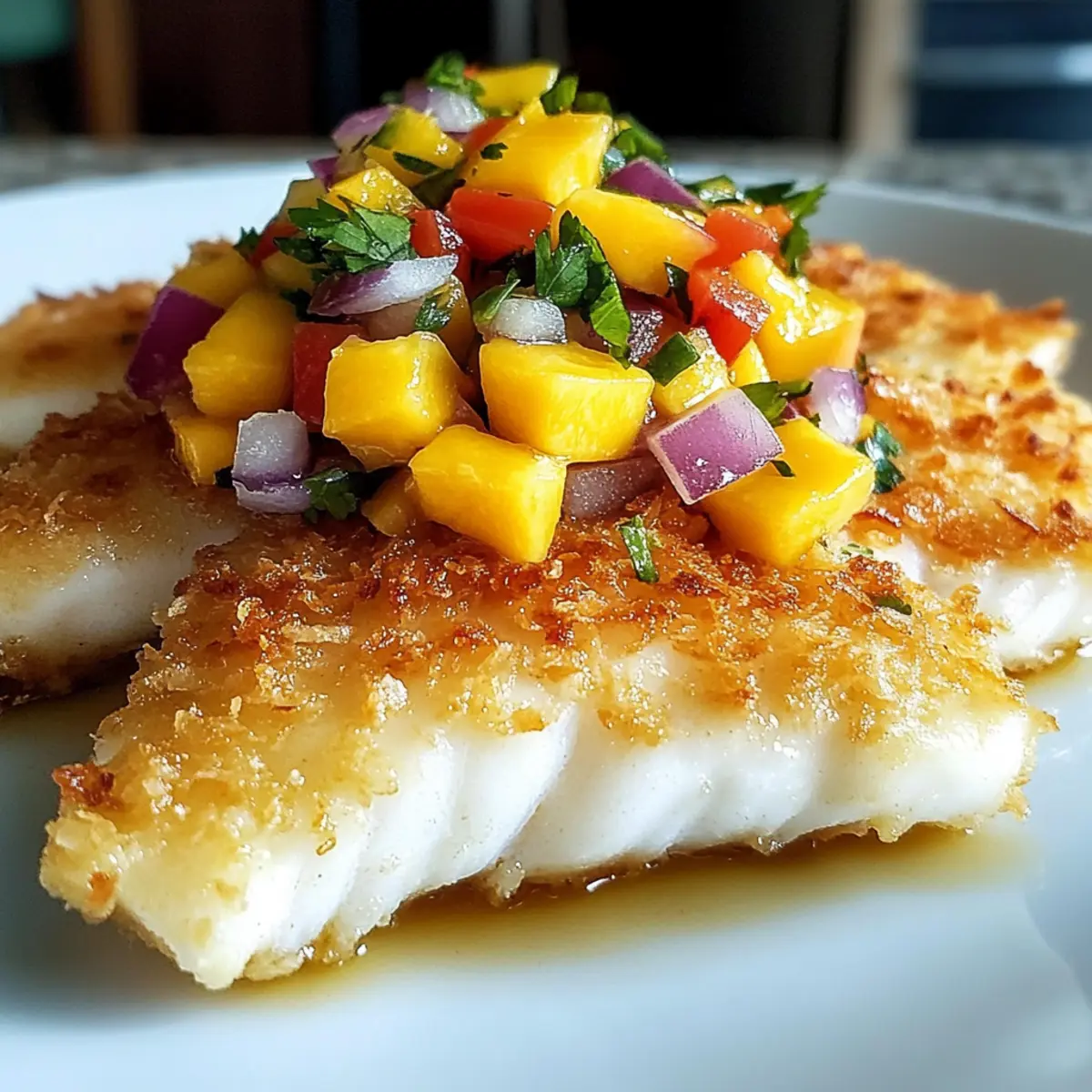 Kokosnusskruste Fisch mit Mango Salsa Genuss