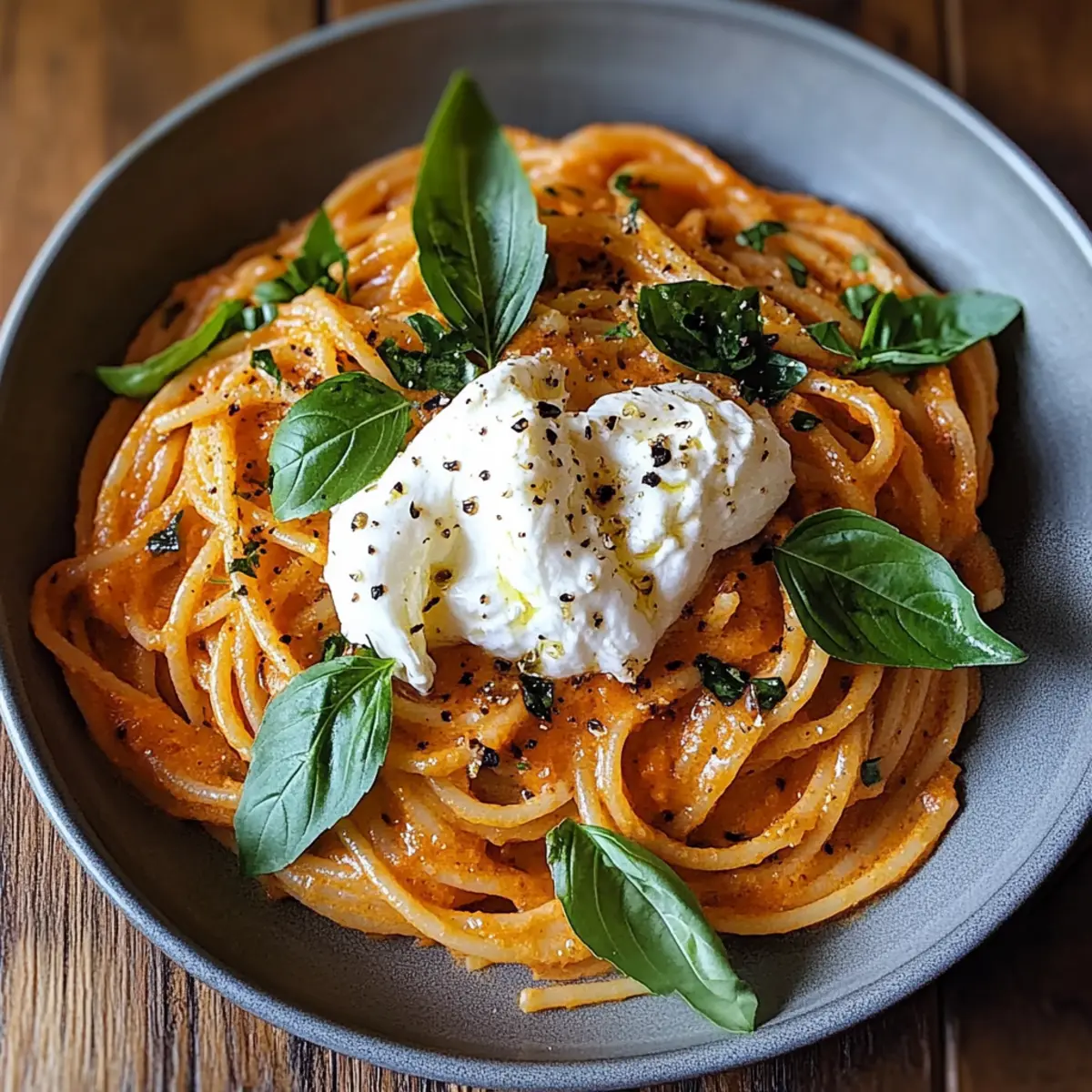 Cremige rote Paprika-Pasta mit Burrata genießen