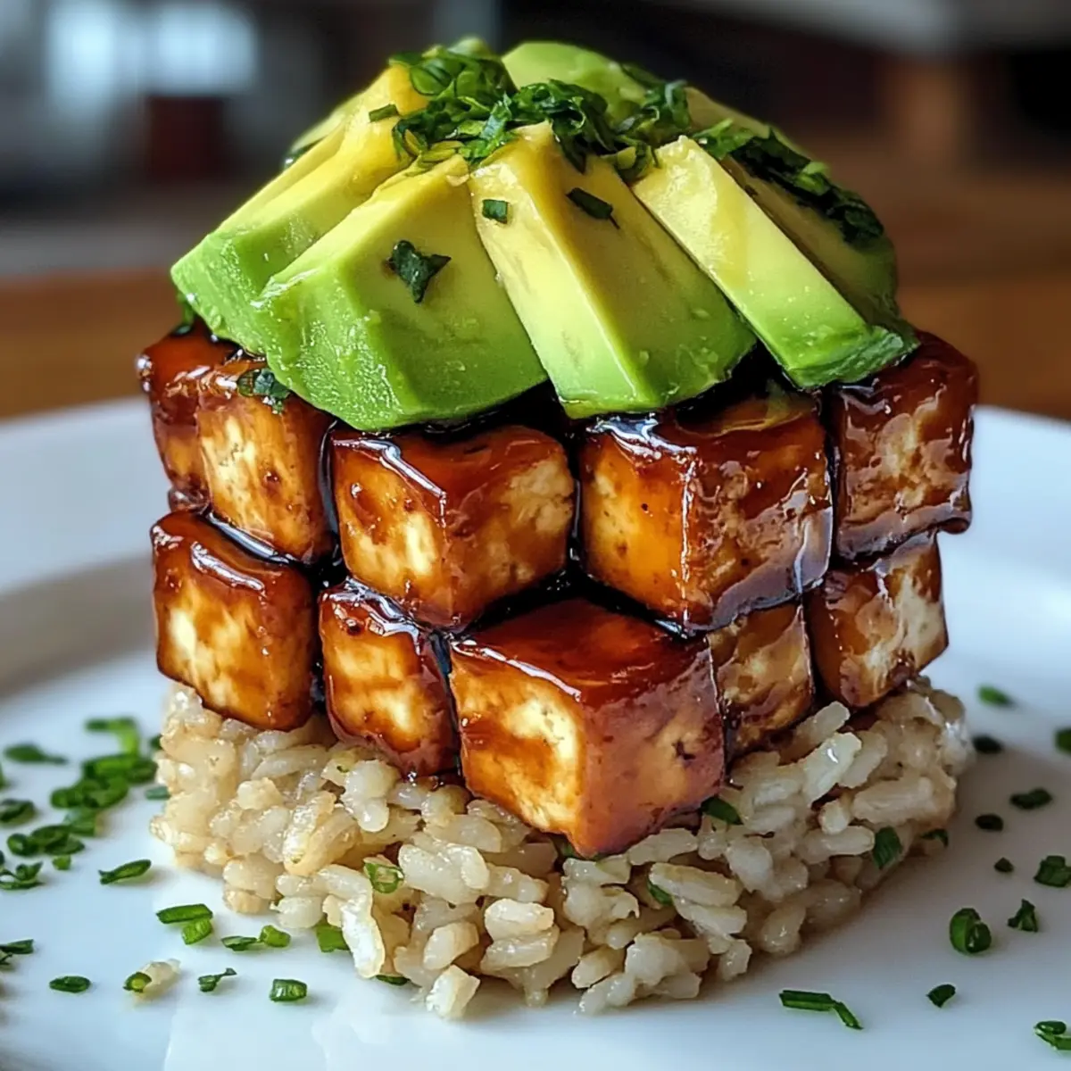Crispy Teriyaki Tofu und Avocado Reis Stapel Freude