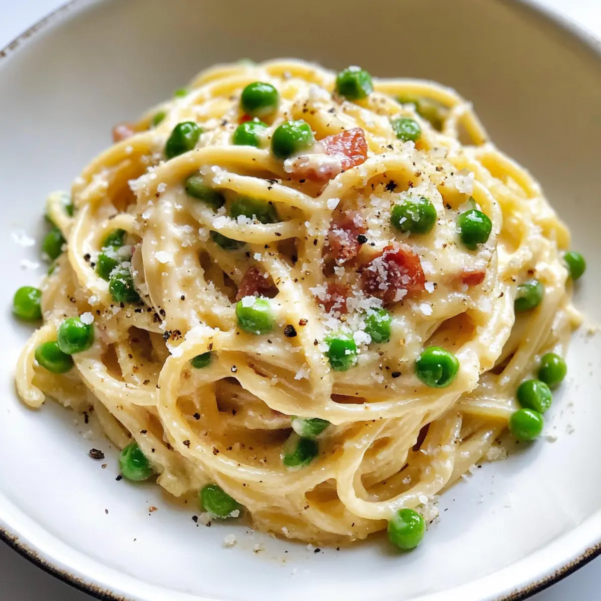 Spaghetti Carbonara mit Erbsen und Pancetta
