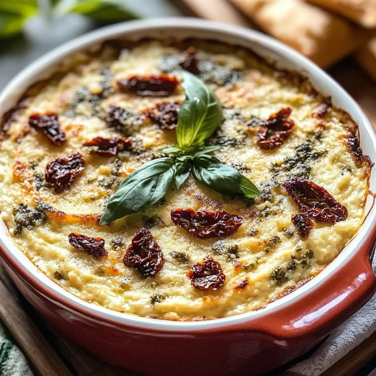Cremiger gebackener Dip mit getrockneten Tomaten und Pesto