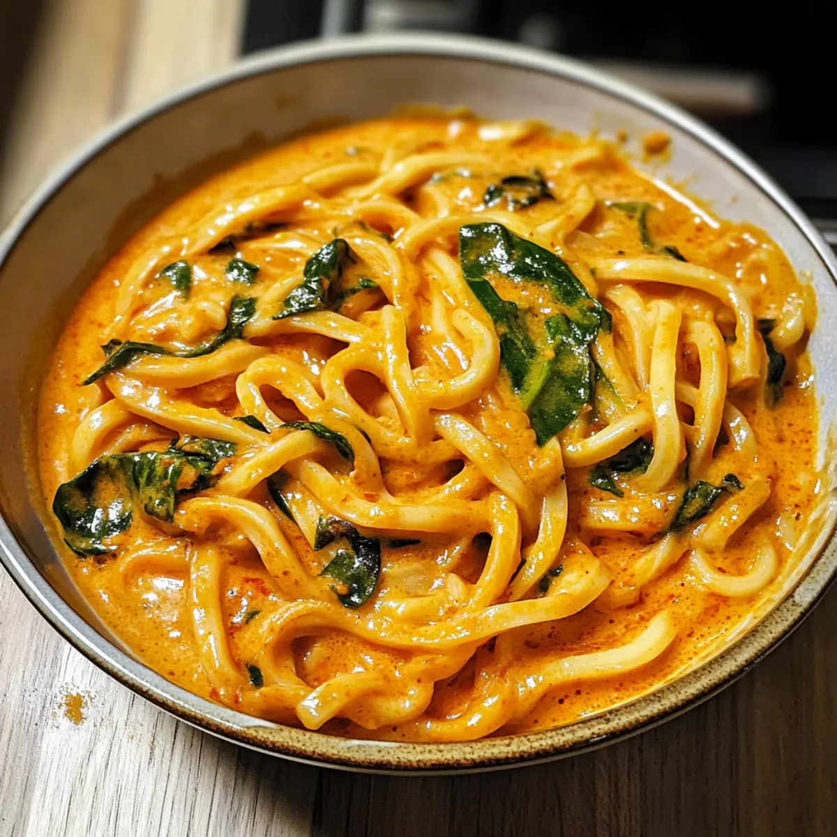 Cremige thailändische rote Curry Udon-Nudeln Genuss