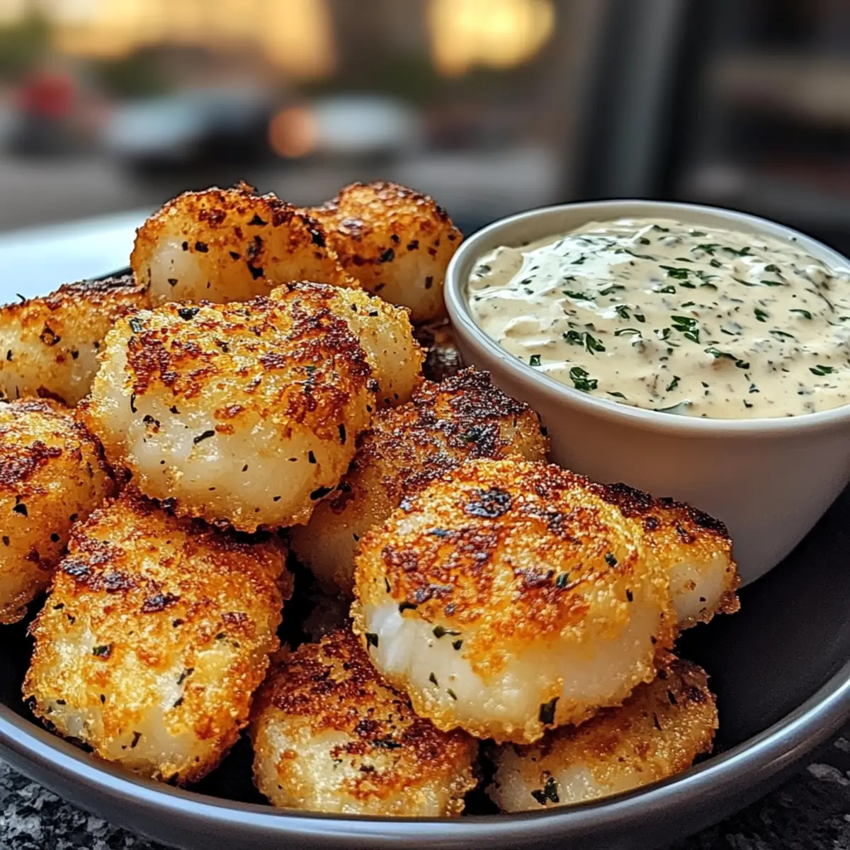 Knusprige Knoblauch-Kabeljau-Bissen mit Dip
