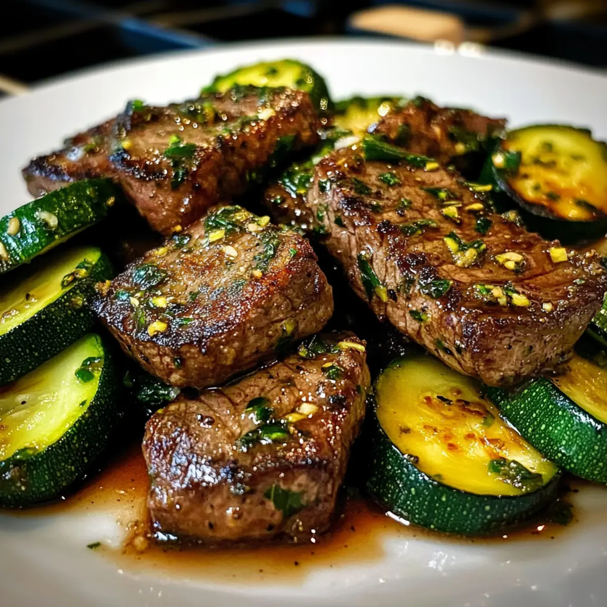 Knoblauchbutter Steakbissen mit Zucchini in 15 Minuten