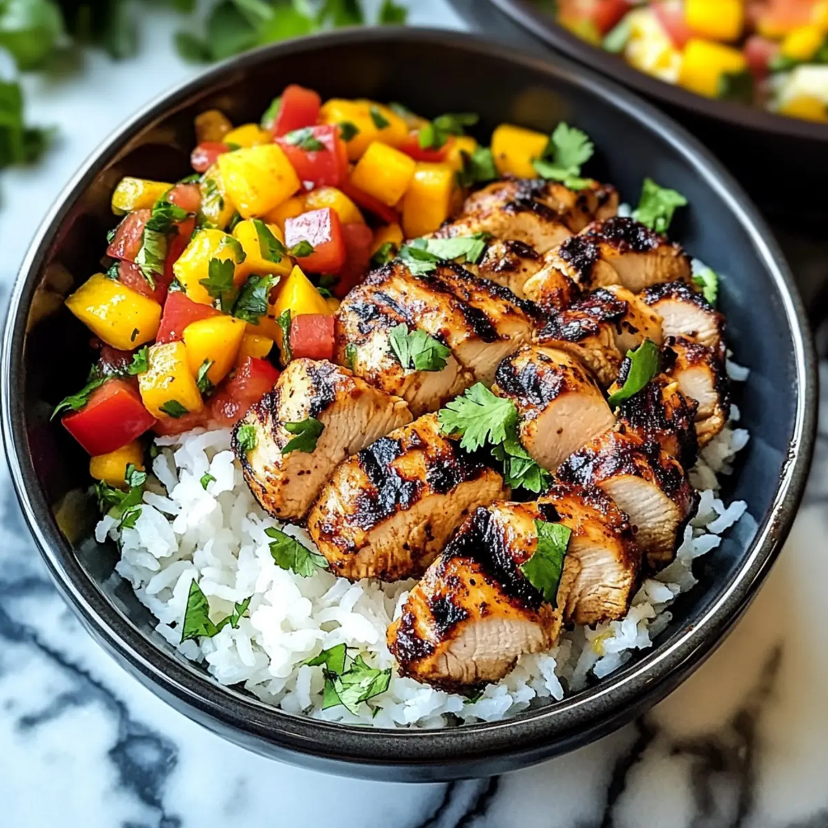 Jerk-Hühnchen-Schalen mit Mango-Salsa und Kokosreis