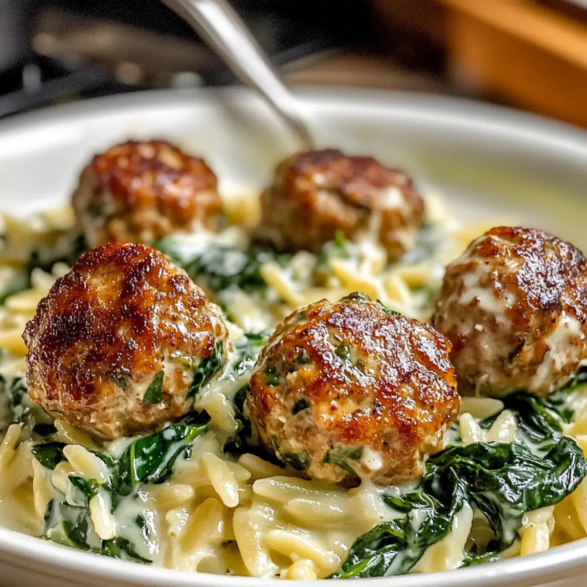 Überbackene Hähnchen-Ricotta-Frikadellen mit Spinat-Orzo