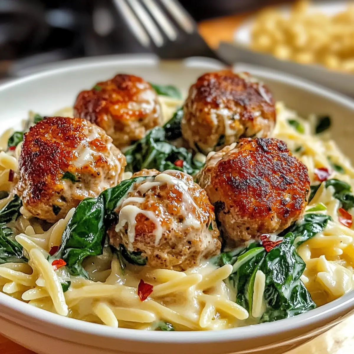 Gebackene Hühnchen-Ricotta-Fleischbällchen mit Spinat-Orzo