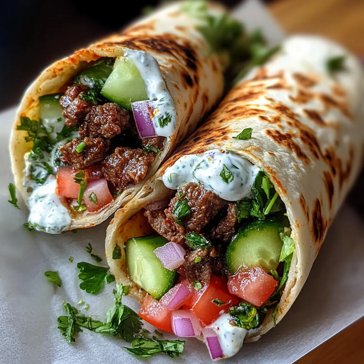 Griechische Rinderwraps mit Knoblauch-Joghurt-Sauce schnell zubereitet