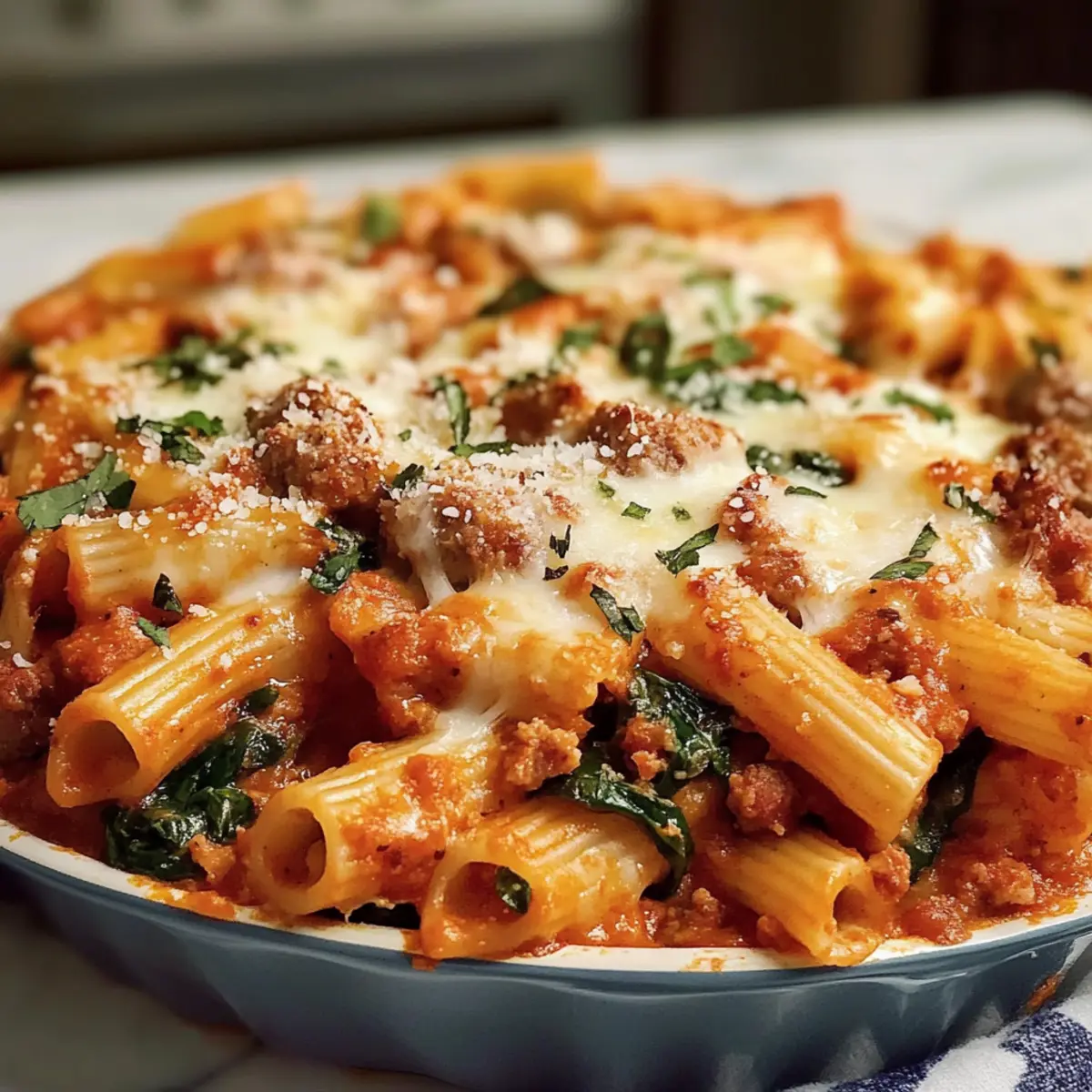 Italienische Wurst Gebackenes Mostaccioli mit Spinat