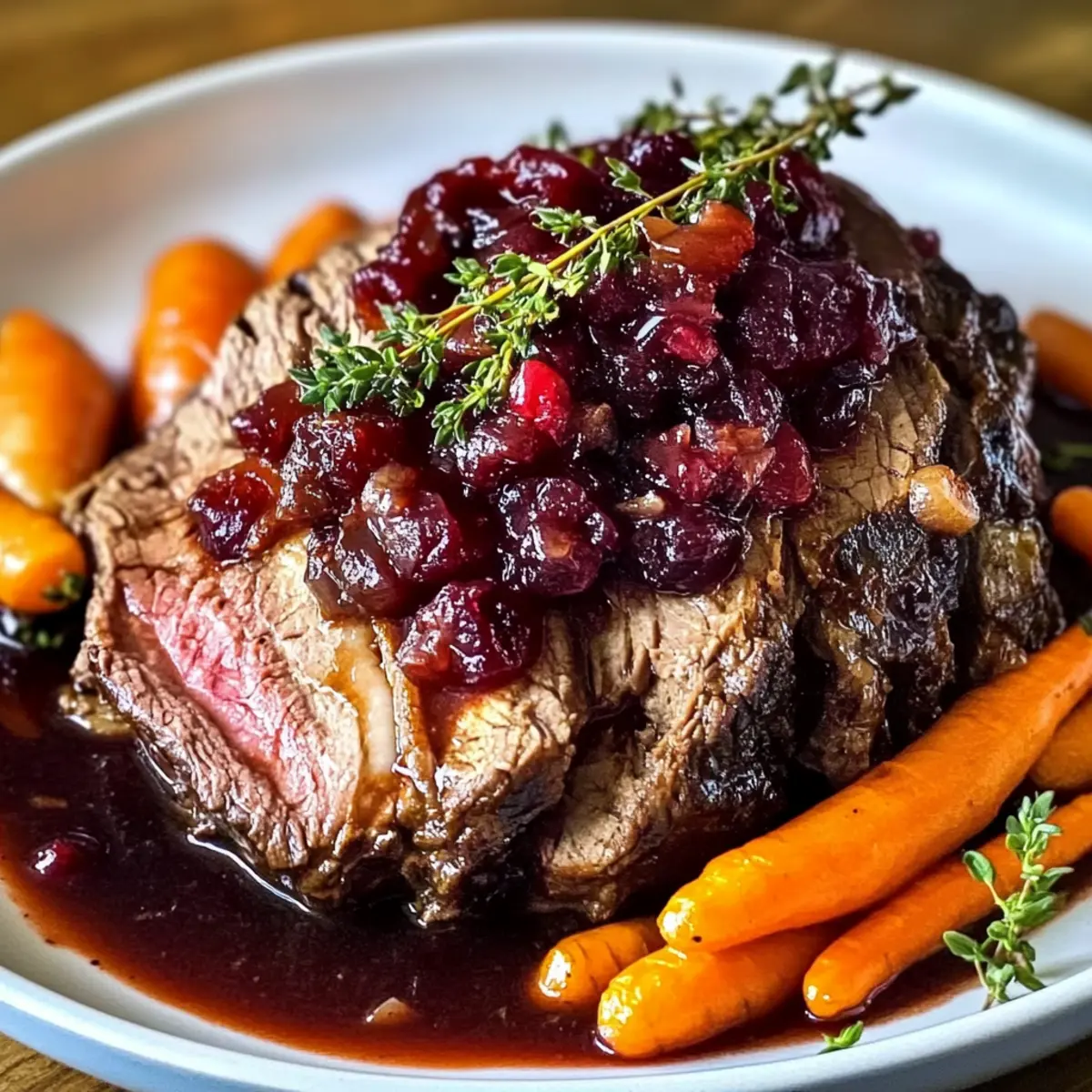 Langsam geschmorter Rinderbraten mit Cranberry-Balsamico-Glasur