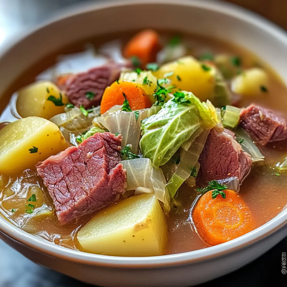 Gemütliche Corned Beef und Krautsuppe für kalte Tage