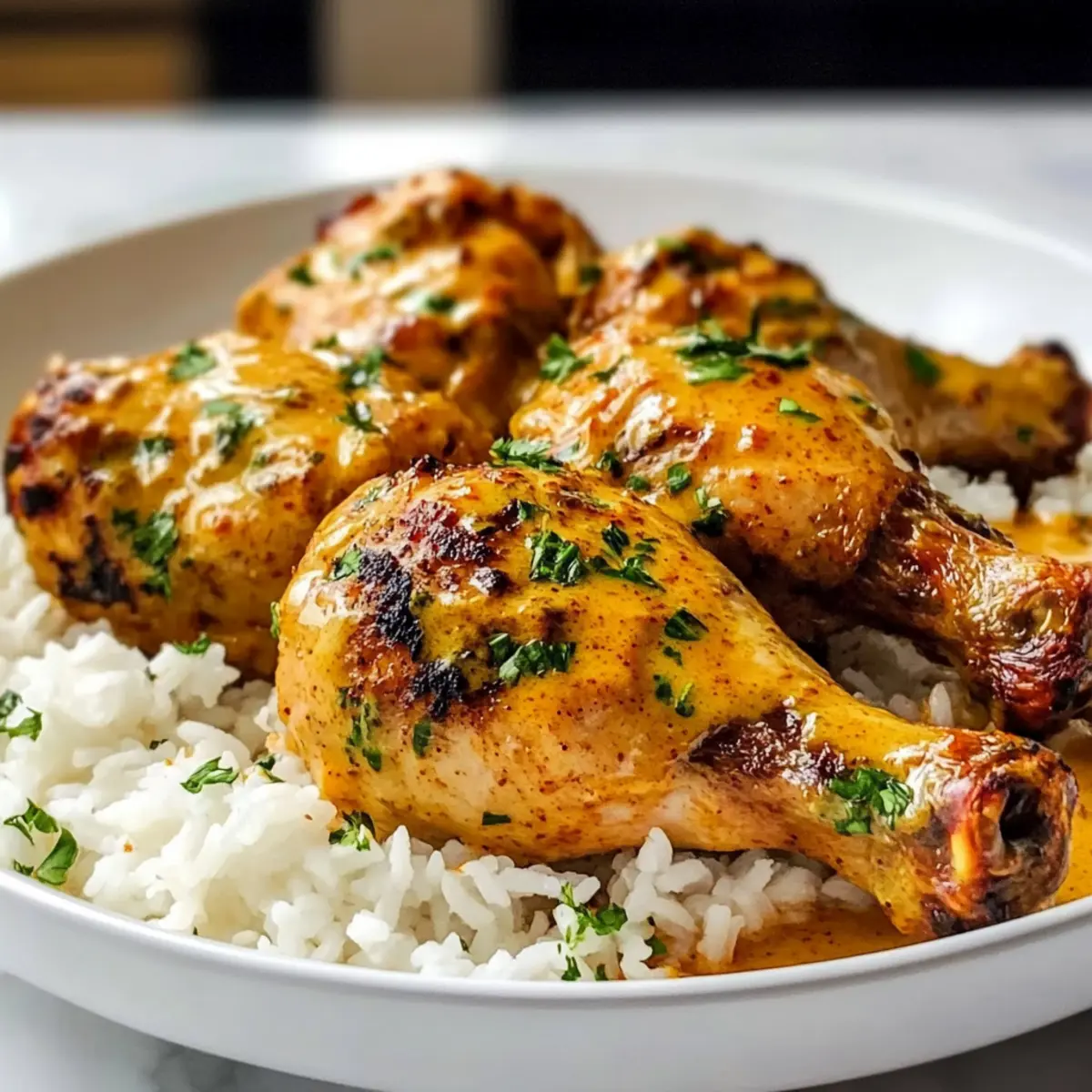 Cremige Paprika-Hühnchenschenkel mit Reis genießen