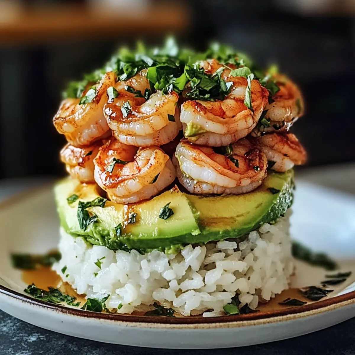 Honig-Limetten-Garnelen & Avocado-Reis-Stapel genießen