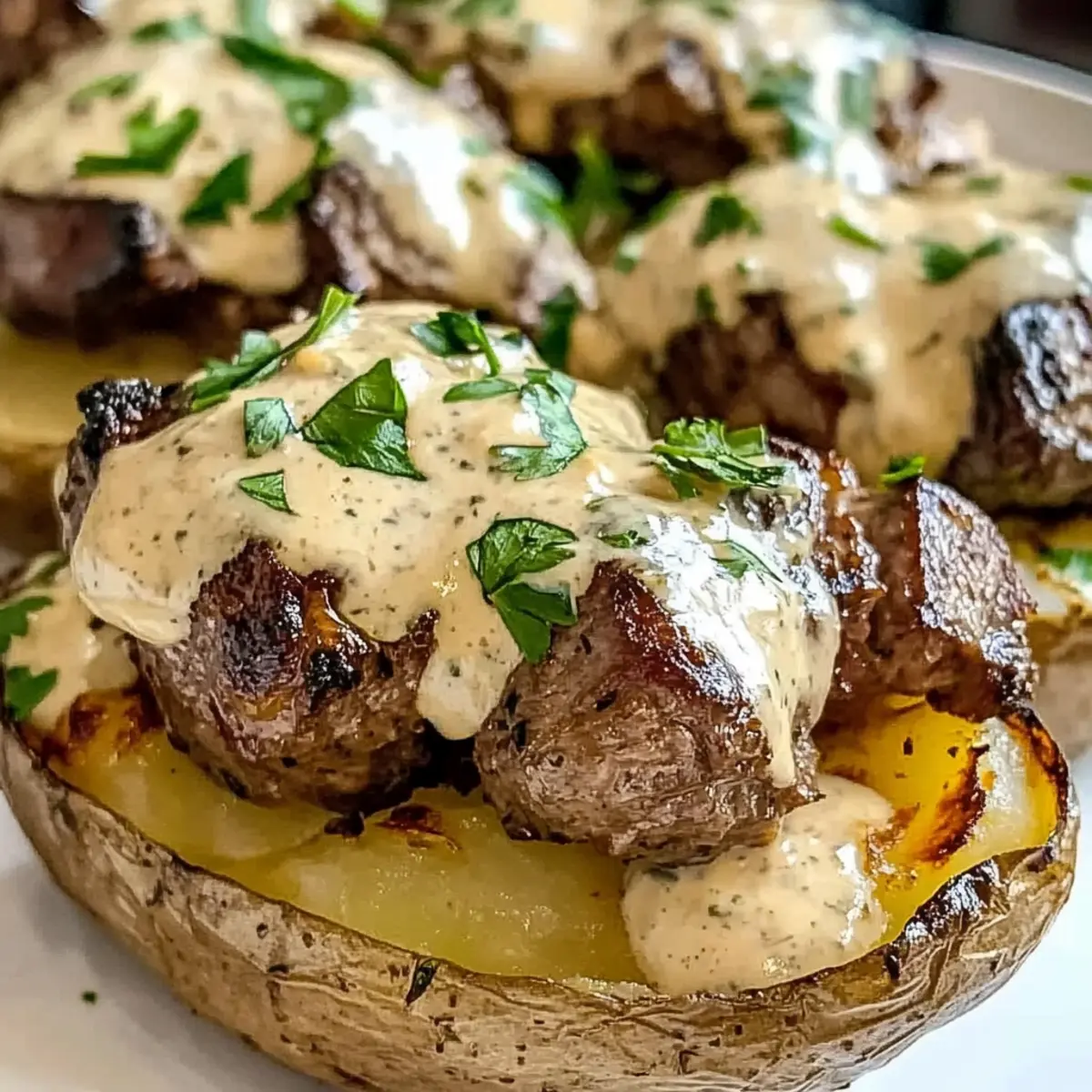 Beladene Backkartoffel mit Steakstücken genießen