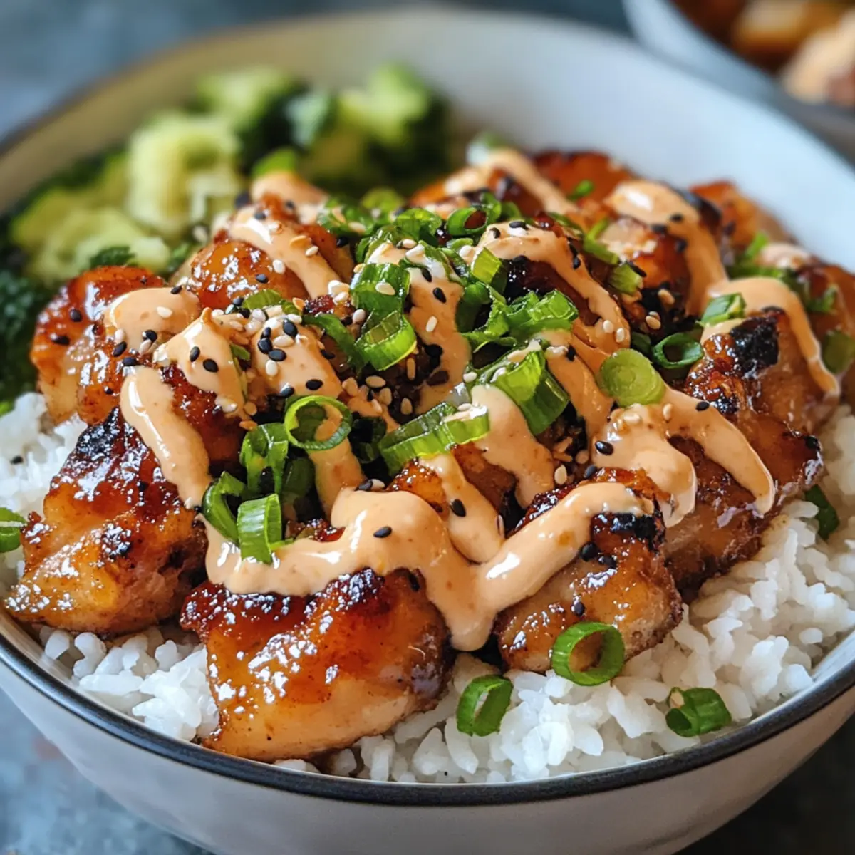 Klebrige Hähnchen-Reis-Schalen mit scharfer Mayo