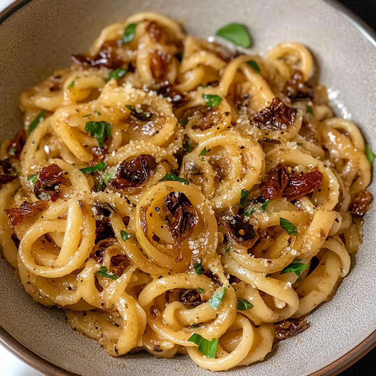 Veganisierte karamellisierte Zwiebel-Pasta schnell zubereitet