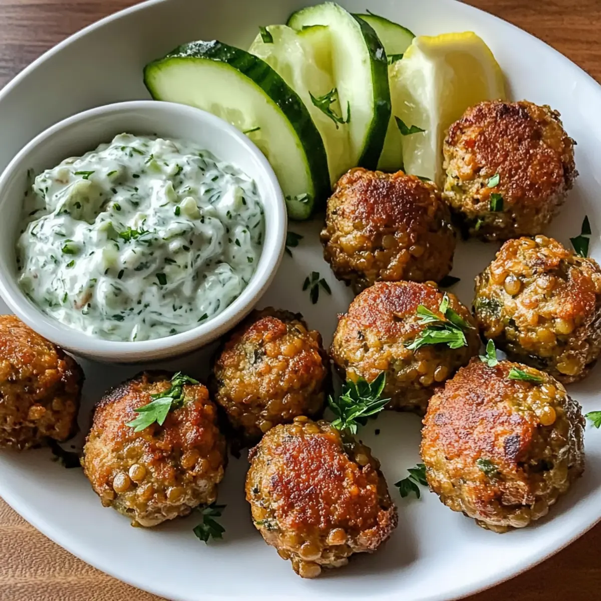 Gebratene griechische Linsenfrikadellen mit Tzatziki genießen