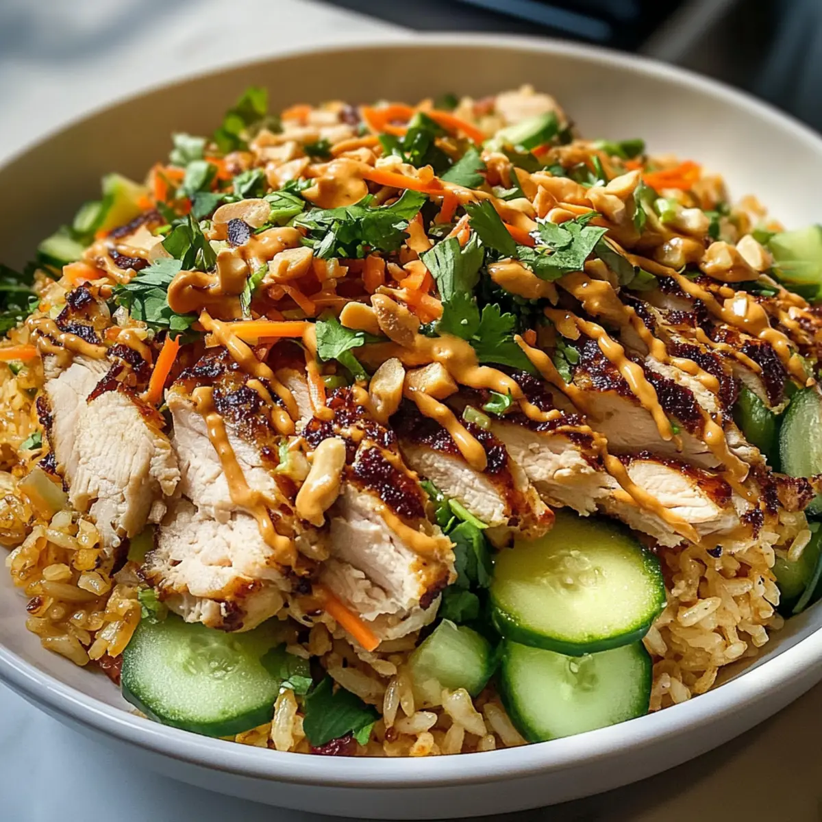 Bester knuspriger Hähnchen-Reis-Salat mit Erdnussdressing