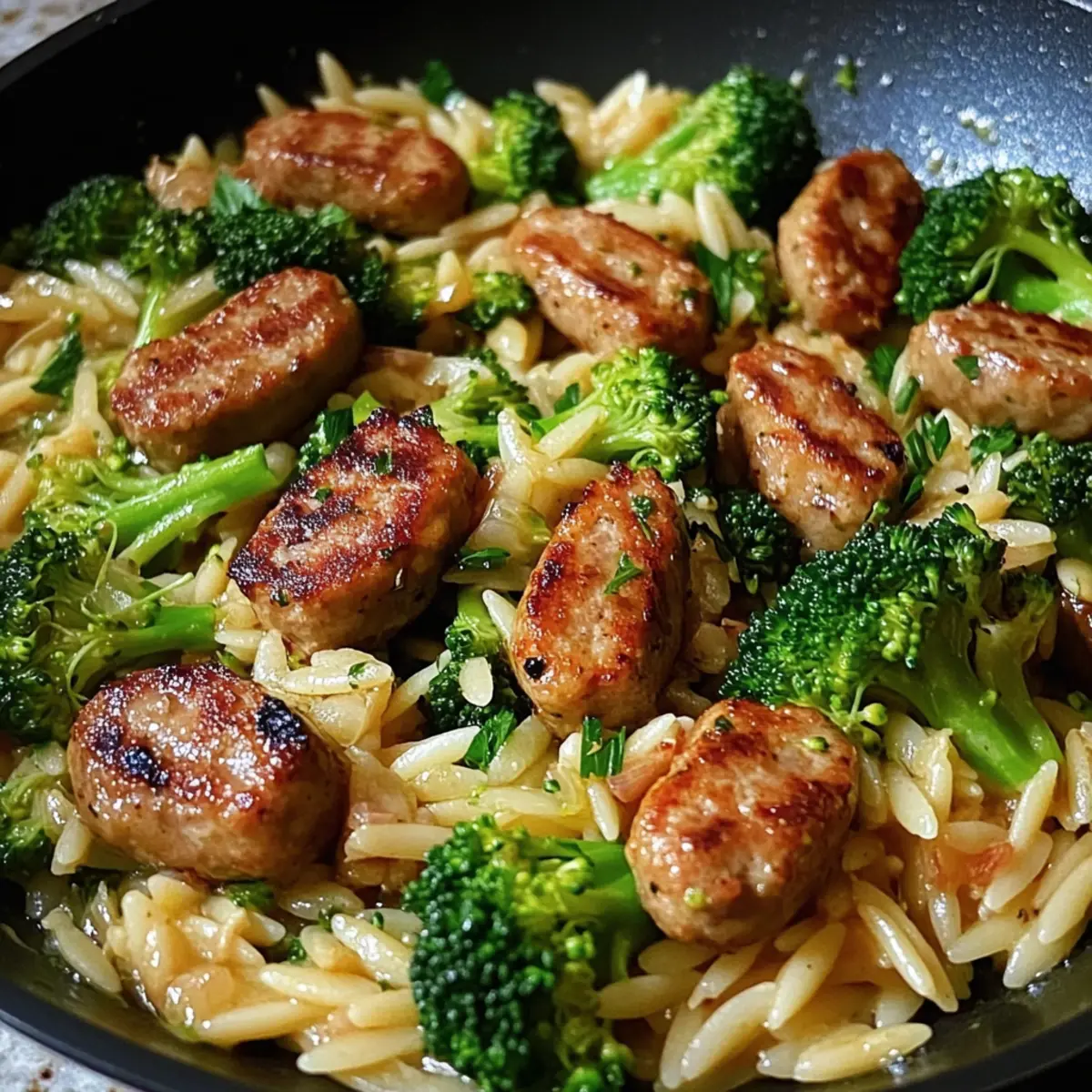 Hühnchenwurst, Brokkoli und Orzo-Pfanne für Eilige